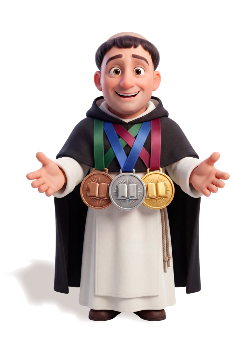 São Thomas, mascote da OBCC, exibindo as medalhas de ouro, prata e bronze da olimpíada